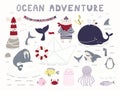 Sea, ocean clipart set, bear sailor, ship, shark