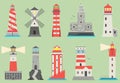 Sea and ocean flat vector lighthouses searchlight towers for maritime navigation guidance ocean and sea beacon light Royalty Free Stock Photo