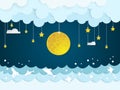 Sea and ocean with full moon and cloud.paper art style Royalty Free Stock Photo