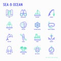 Sea and ocean journey thin line icons set: sailboat, fishing, sh Royalty Free Stock Photo