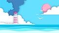 Sea or ocean landscape, sea beach with lighthouse cut out paper art style design