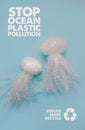 Sea and ocean life from waste. Jellyfishes out of plastic waste on blue background. Pollution of the planet Royalty Free Stock Photo