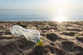 Plastic Bottle Lying On Beach Near Water, Sea Pollution Background Royalty Free Stock Photo