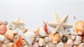 Sea ocean themed horizontal banner with starfish, sand, sea shells, top view with copy space Royalty Free Stock Photo