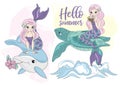 Sea Ocean Tropical Summer Vector Colorful Illustration MERMAID TURTLE