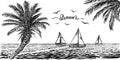 Sea or ocean tropical view with sailboats and palms. Vector panoramic beach drawing. Royalty Free Stock Photo