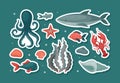 Sea and ocean underwater animals stickers set. Cute aquatic creatures cartoon vector Royalty Free Stock Photo