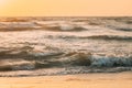 Sea ocean water surface with foaming small waves at sunset. Evening sunlight sunshine above sea. Ocean water foam Royalty Free Stock Photo