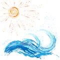 Sea and ocean waves, sun, paint blot, splashes, drops Royalty Free Stock Photo