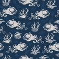 Sea octopus pattern seamless monochrome