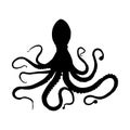 Sea octopus with tentacles isolated black silhouette. Black cuttlefish. Squid. Marine animal. White background. Vector