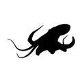 Sea octopus with tentacles isolated black silhouette. Black cuttlefish. Squid. Marine animal. White background. Vector