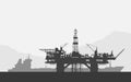 Sea oil drilling rig and tanker. Black and white illustration.