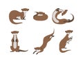 Sea Otter as Marine Mammal and Aquatic Creature with Brown Coat and Long Tail Sitting and Swimming Vector Set