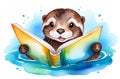 sea otter floating in water on its back holding open book with its paws. concepts: reading animals, wildlife leisure Royalty Free Stock Photo