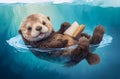 sea otter floating in water on its back holding open book with its paw. concepts: reading animals, wildlife leisure Royalty Free Stock Photo