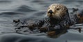 A sea otter floats lifelessly on the surface its fur matted and stained from the spilled oil