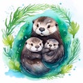 sea otter mom and two baby otters in seaweeds wreath against white background, watercolor illustration. concept Royalty Free Stock Photo