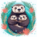 sea otter mom and two baby otters in seaweeds wreath against white background, watercolor illustration. concept Royalty Free Stock Photo