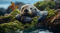 sea otter resting on the rocks with seaweed in the ocean Royalty Free Stock Photo