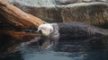 Sea otter sleeping resting on log near river Royalty Free Stock Photo