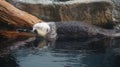 Sea otter sleeping resting on log near river Royalty Free Stock Photo