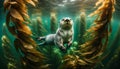 Sea otter underwater, surrounded by kelp