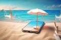sand summer cyber up concept creative sea mock palm phone holiday. Generative AI.
