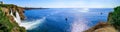 Sea panorama of Antalya Turkey with a Duden waterfall and tourist boats in the water. Beautiful landscape of the Turkish Riviera Royalty Free Stock Photo