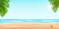 Sea panorama, Tropical beach vector background. Palm leaves sand and sea vector illustration for your design