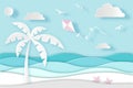 Sea landscape with palm tree in paper cut style Royalty Free Stock Photo