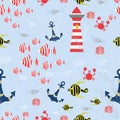 Sea seamless vector pattern with Striped fishes, anchors, shells, crabs, lighthouse, sea plants on the blue background