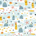 Sea pattern with funny gulls on the rocks and marine animals. Vector seamless background in hand-drawn cartoon style