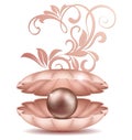 Sea Pearl in open shell. A large black and golden saltwater pearls in the shell with floral ornament illustration