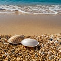 Sea pebbles and shells against the backdrop of the sunny sea and beach. Generative AI Royalty Free Stock Photo