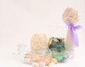 Sea pebbles and shells in glass containers Royalty Free Stock Photo