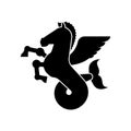 Sea Pegasus Heraldic animal Silhouette. Winged horse with fishtail. Hippocampus Fantastic Beast. Monster for coat of arms. Herald