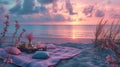 sea picnic experience, set up an outside table at sunset on the beach, in the style of pink and cyan, romantic seascapes Royalty Free Stock Photo