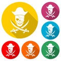 Sea pirate emblem, Pirate icon or logo, color set with long shadow