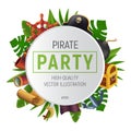 Sea pirate party round frame with tropical leaves, saber, anchor, steering wheel, spyglass, black bomb, pipe, ancient chest, flag