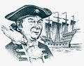 Sea Pirate. Portrait of the seaman hook against the background of sailboat. Marine sailor. Travel by ship or boat Royalty Free Stock Photo