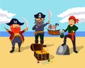 Sea pirates found a treasure chest, cartoon characters pirates flat vector illustrations with treasures Royalty Free Stock Photo