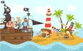 Sea pirates on piratical ship, buccaneers cartoon characters flat vector illustration with treasure island adventure.