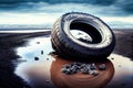 Sea pollution from car tires. Generative AI, Generative, AI Royalty Free Stock Photo