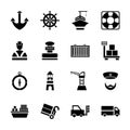 Sea port black icons set with ships and marine transport isolated vector illustration