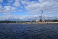 Sea port cranes loading coal for export.