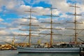 Sea port, frigate ship, clouds