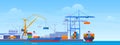 Sea port horizontal banner vector flat industrial cargo ships and containers work with crane Royalty Free Stock Photo