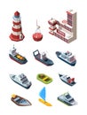 Sea port isometric transport set. Port building lighthouse buoy cargo tanker research vessel, rescue boat pleasure speed Royalty Free Stock Photo