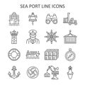 Sea port line icon set. Shipping industry collection with ship, captain, container, bell, anchor, crane, reach stacker, compass.
